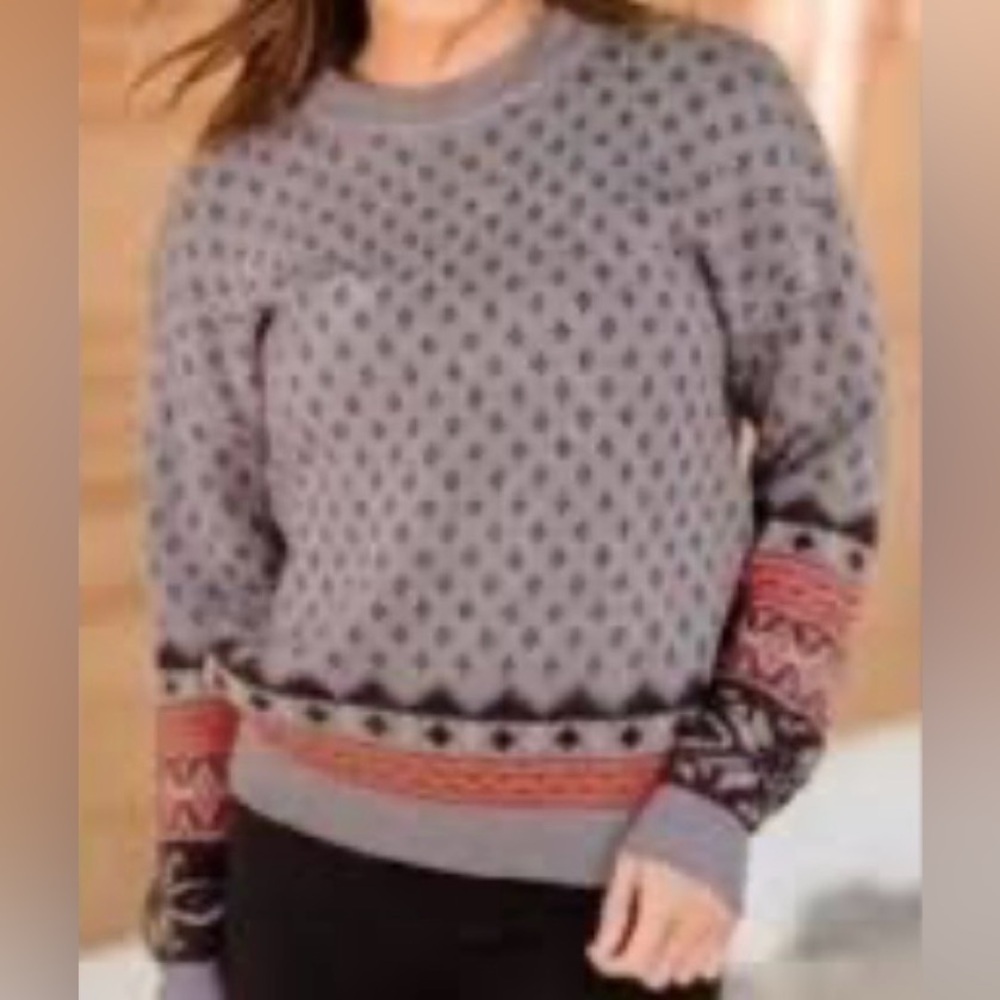 Cable Knit Crew Neck Sweater Gray, Orange, & Brown Fair Isle Pattern Women’s L